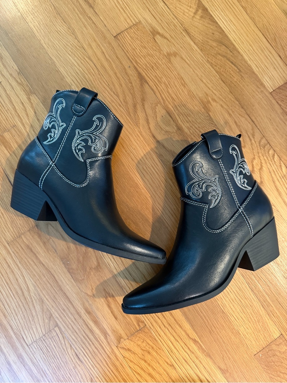 Women's Black Western Ankle Boots - Embroidered Detail